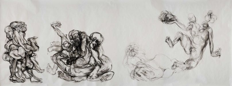 Burden, Amputation, I Deliver my Head, acylic, charcoal, 24ft x 8ft, 2006.
